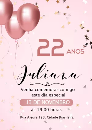 Convite Aniversário Feminino com Balões Rose Gold para Editar
