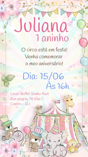Convite Aniversário Circo Rosa com Animais para Editar Online