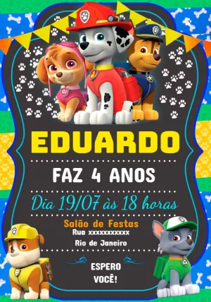 Convite de Aniversário Patrulha Canina para Editar Online