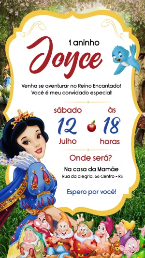 Convite de Aniversário Branca de Neve com Personagens para Editar