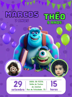 Convite Aniversário Duplo Monstros S.A. com Foto para Editar