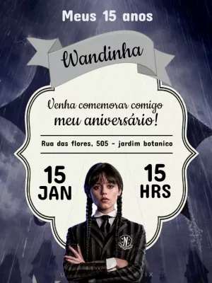 Convite de Aniversário Wandinha Addams Editável Online