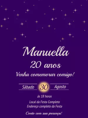Convite de Aniversário Céu Estrelado Roxo para Editar Online