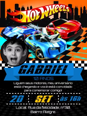 Convite Aniversário Hot Wheels com Foto para Editar Online