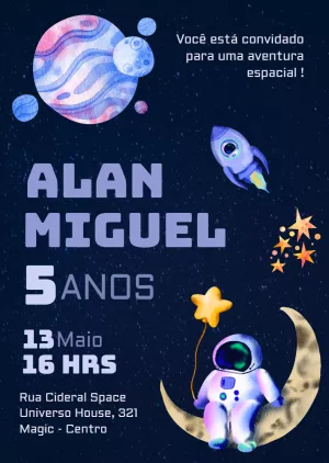 Convite de Aniversário Astronauta no Espaço para Editar Online