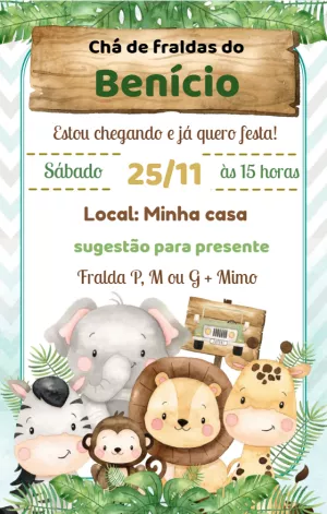 Convite Chá de Fraldas Safari Aquarela para Editar Online
