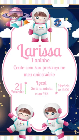 Convite de Aniversário Astronauta Menina para Editar Online