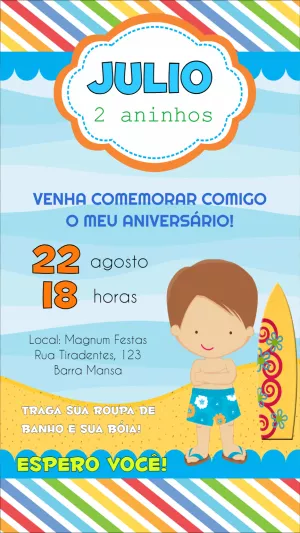 Convite Aniversário Pool Party Menino Surfista para Editar