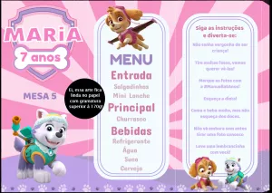 Cardápio Aniversário Patrulha Canina Rosa para Editar Online