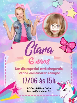 Convite Aniversário Jojo Siwa com Foto para Editar Online