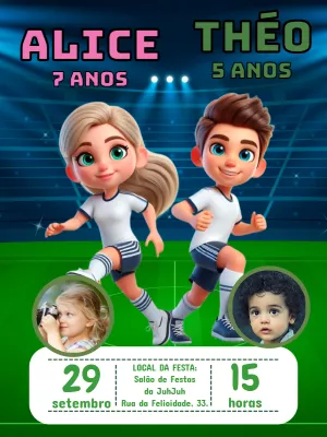 Convite Aniversário Futebol Duplo Menina e Menino com Foto para Editar