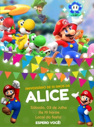 Convite Aniversário Super Mario Bros com Personagens para Editar