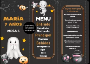 Menu de Mesa Halloween com Personagens Fofos para Editar Online
