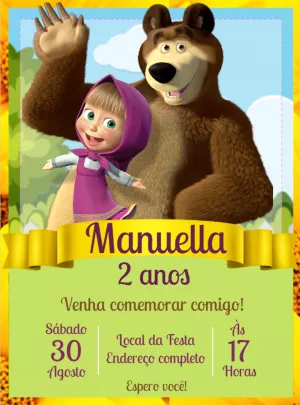 Convite de Aniversário Masha e o Urso Acenando para Editar