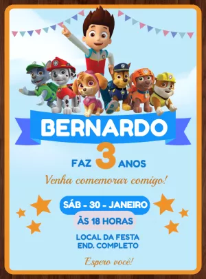 Convite de Aniversário Patrulha Canina para Editar Online