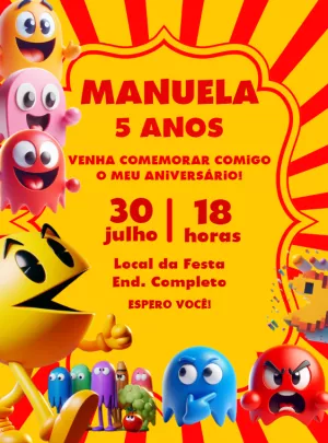 Convite de Aniversário Pacman com Personagens para Editar Online
