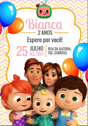 Convite Aniversário Cocomelon com a Turma para Editar Online
