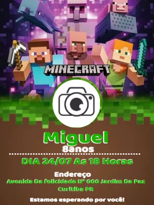 Convite Aniversário Minecraft com Foto para Editar Online