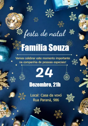 Convite Festa de Natal Elegante Azul e Dourado para Editar