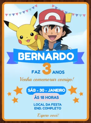 Convite de Aniversário Pokémon com Ash e Pikachu para Editar