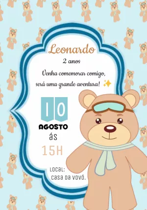 Convite Aniversário Ursinho Aviador para Editar Online