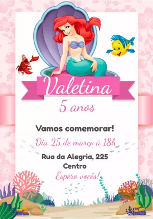 Convite Aniversário Pequena Sereia Ariel para Editar Online
