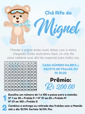 Convite Chá Rifa Ursinho Aviador Editável Online para Menino