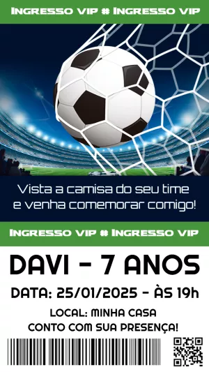 Convite Aniversário Futebol Ingresso VIP para Editar Online