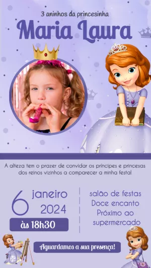 Convite Aniversário Princesa Sofia com Foto para Editar Online