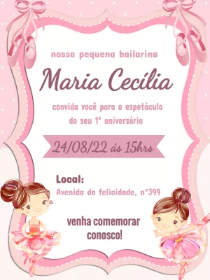 Convite Aniversário Bailarina Delicada para Editar Online