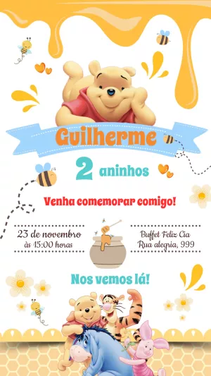 Convite de Aniversário Ursinho Pooh para Editar Online
