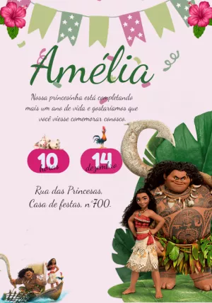 Convite de Aniversário Moana com Personagens para Editar Online