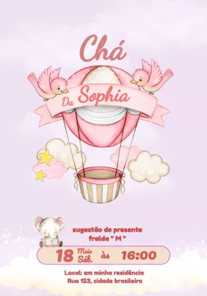 Convite Chá de Bebê Menina Balão Rosa para Editar Online