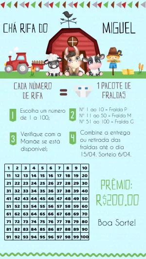 Convite Chá Rifa Fazendinha com Animais para Editar Online