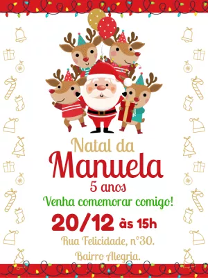 Convite Aniversário Natalino com Papai Noel e Renas para Editar