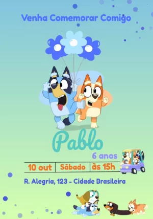 Convite de Aniversário Bluey e Bingo para Editar Online