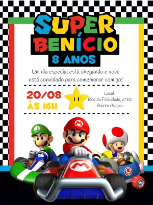 Convite Aniversário Mário Kart com Personagens para Editar Online
