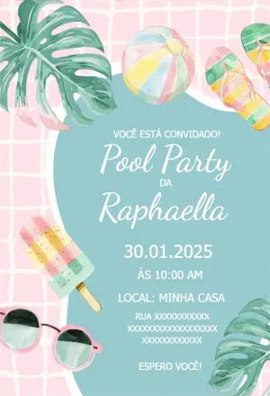 Convite Aniversário Pool Party Aquarela para Editar Online