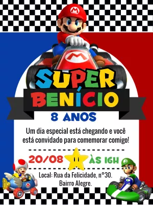 Convite Aniversário Super Mario Kart para Editar Online