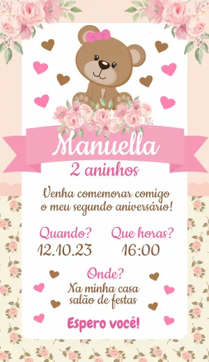 Convite de Aniversário Ursinha Floral para Editar Online