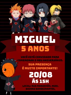 Convite de Aniversário Akatsuki com Personagens para Editar