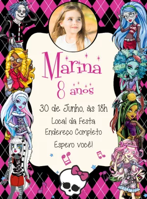 Convite Aniversário Monster High com Foto para Editar Online