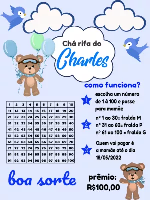 Rifa Chá de Bebê Ursinho Baloeiro Editável para Enviar Online