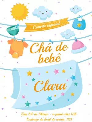 Convite Chá de Bebê Roupinhas no Varal para Editar Online