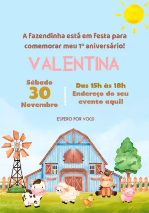 Convite de Aniversário Fazendinha com Animais para Editar Online