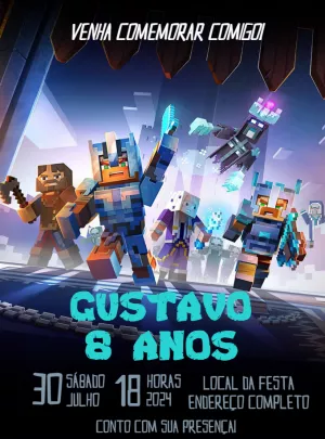 Convite de Aniversário Minecraft Dungeons Editável Online