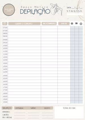 Agenda para Depilação Profissional para Editar e Imprimir