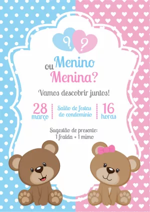 Convite Chá Revelação Ursinhos Azul e Rosa para Editar Online