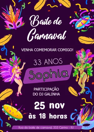 Convite Aniversário Baile de Carnaval para Editar Online