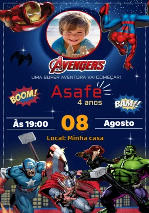 Convite de Aniversário Vingadores com Foto para Editar Online